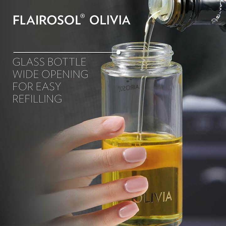 FLAIROSOL OLIVIA. The Original Advanced Oil Sprayer for Cooking, Salads, BBQs and More, Continuous Spray with Portion Control, Trusted by Chefs. Patented Technology. (Glass Bottle) (Golden Leaves) - Image 7