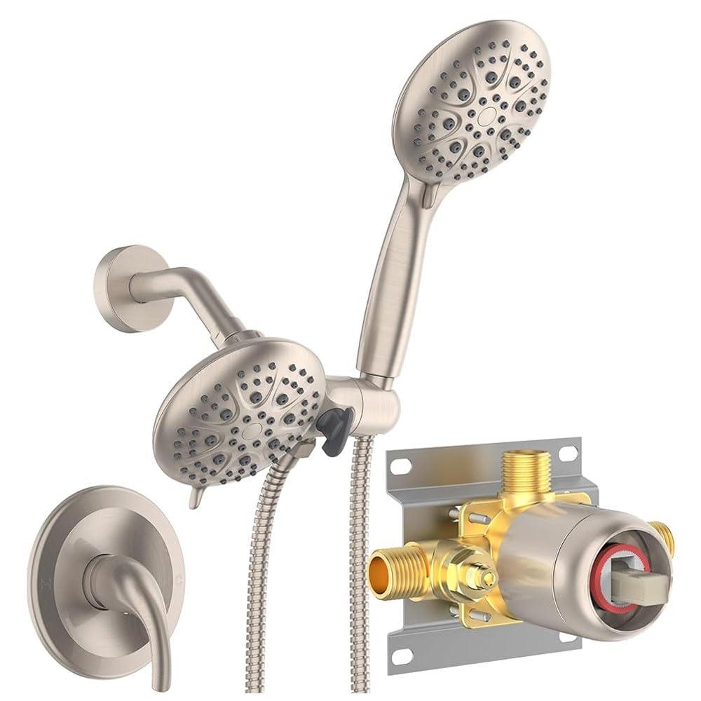 SR SUN RISE Shower System with Handheld Shower and Rain Shower Combo Set High Pressure 5-spray Dual 2 in 1 Shower Faucet Patented 3-way Diverter Brushed Nickel (Valve Include）