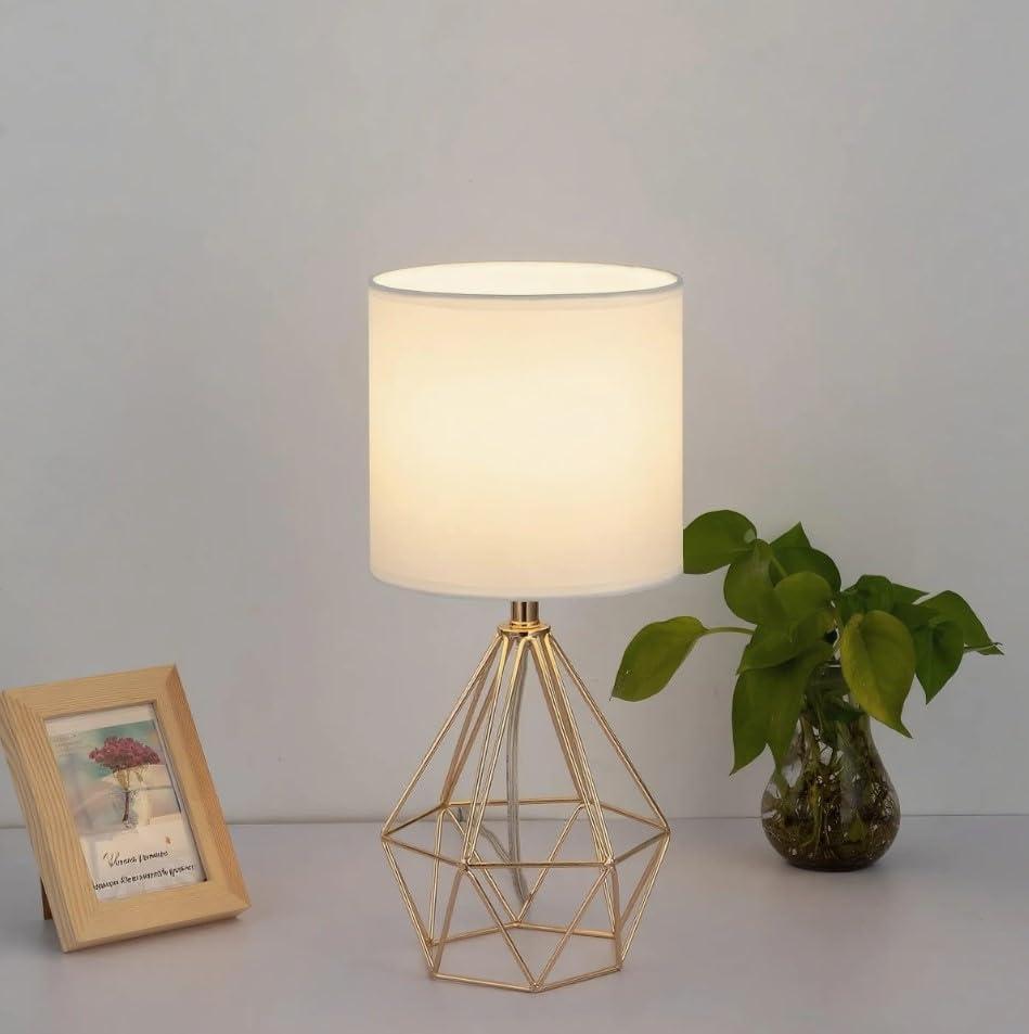 COTULIN Gold Modern Hollow Out Base Bedroom Small Table Lamp,Bedside Nightstand Lamp with Geometric Metal Base White Fabric Shade,Cute Desk Lamp for Kids Living Room - Image 6