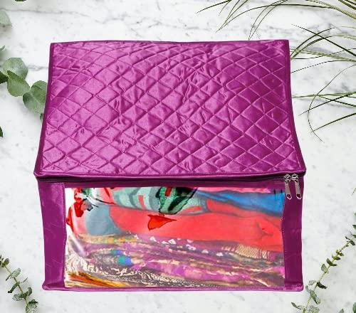 atorakushon Satin Fabric Foldable Garments Saree Blouse Cover Bag Pouch Closet Wardrobe Organizer With Clear Window Zipper Lock Pack of 5 (Purple) - Image 2