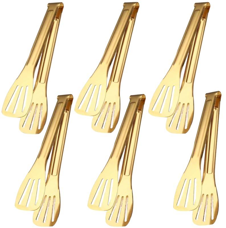 6 Pack Serving Tongs Kitchen Tong, 7 Inch Gold Buffet Tongs, Stainless Steel Food Tong Small Tong, Serving Tong for Buffet, Party, Salad, Appetizers
