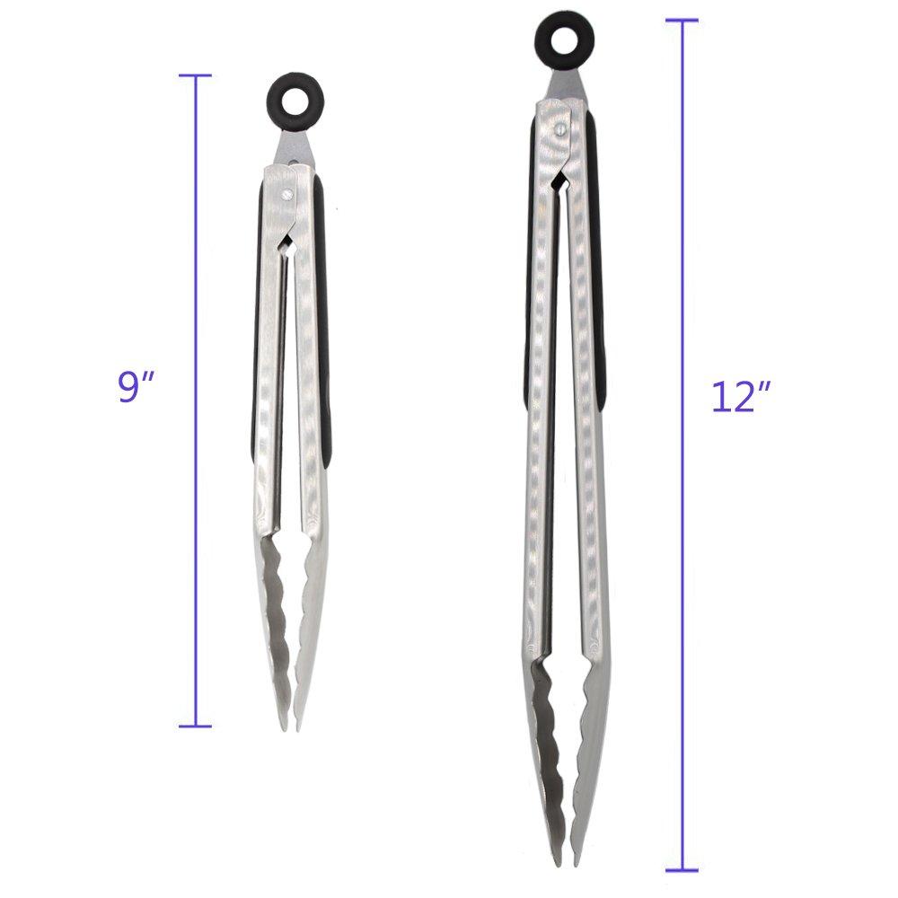 304 Stainless Steel Kitchen Cooking Tongs, 9" and 12" Set of 2 Sturdy Grilling Barbeque Brushed Locking Food Tongs with Ergonomic Grip, Black - Image 3