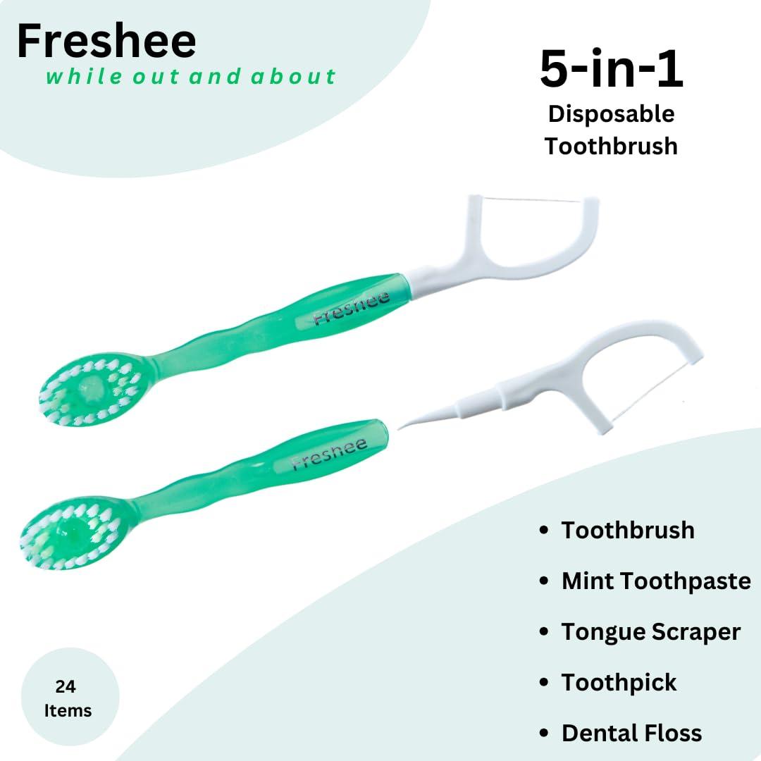 Freshee 5 in 1 Disposable Mini Toothbrush with Toothpaste + Floss + Pick + Tongue Scraper | Travel Size | Individually Wrapped | Soft | Mint | Travel Set | Oral Care - Image 2