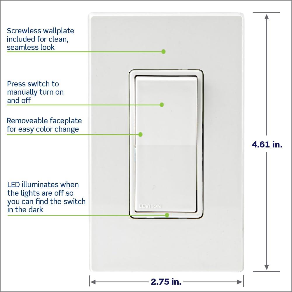 Leviton Decora Smart Switch, Wi-Fi 2nd Gen, Neutral Wire Required, Works with Matter, My Leviton, Alexa, Google Assistant, Apple Home/Siri & Wired or Wire-Free 3-Way, D215S-2RW, White - Image 3