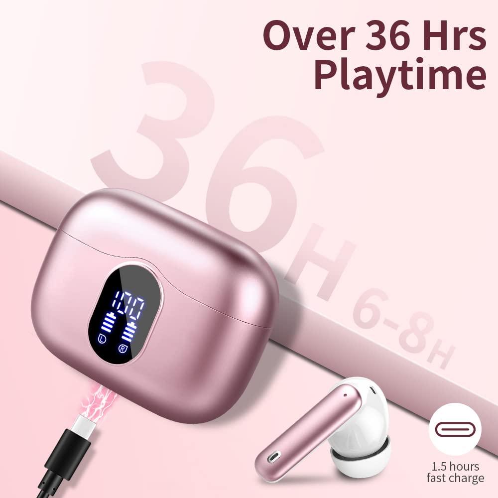 Wireless Earbuds Bluetooth 5.3 Headphones Bass Stereo Ear Buds with Noise Cancelling Mic LED Display in Ear Earphones IP7 Waterproof 36H Playtime for Laptop Pad Phones Sports Workout Rose Gold - Image 7