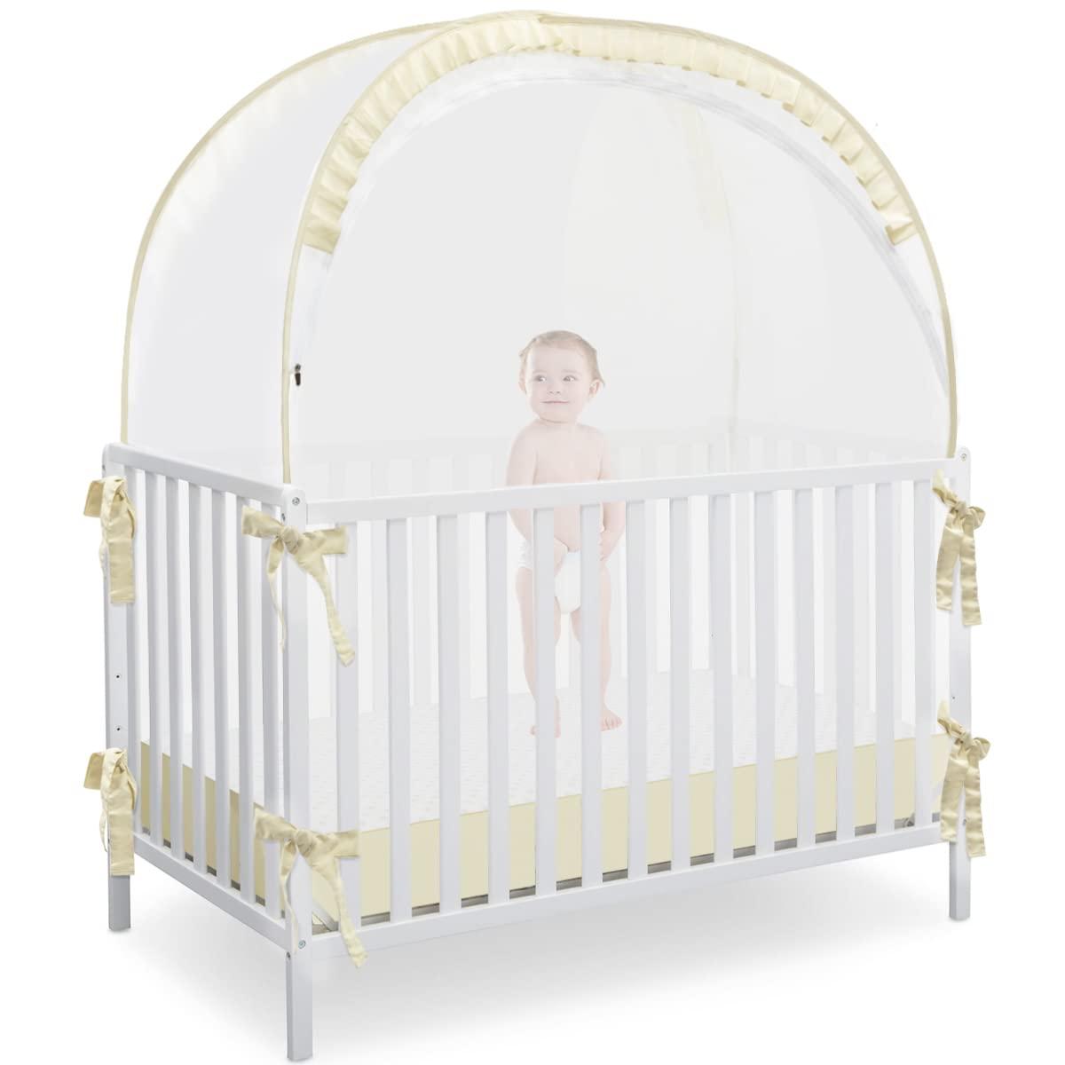 L RUNNZER Baby Safety Crib Tent, Pop Up Canopy for Crib to Stop Baby from Climbing Out, Infant Mesh Cover Mosquito Net with Sturdy Frame & Soft Mesh, Beige, (R07-beige)