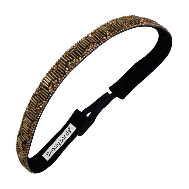 Sweaty Bands Womens Girls Headband for Working Out - Non-Slip Grip Sweat-Wicking Velvet-Lined Beaded Jeweled Hairband - Bling Art Deco Gold 5/8-Inch