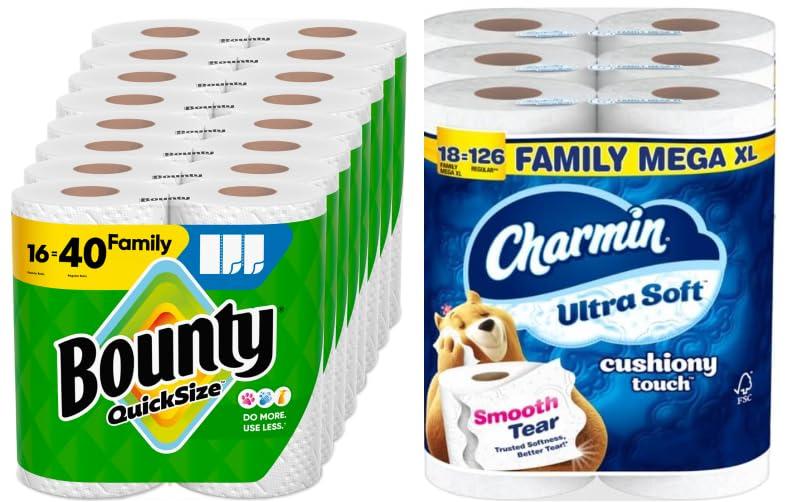 Bounty Quick-Size Paper Towels, White, 16 Family Rolls = 40 Regular Rolls, Charmin Ultra Soft Cushiony Touch Toilet Paper, 18 Family Mega XL Rolls = 126 Regular Rolls