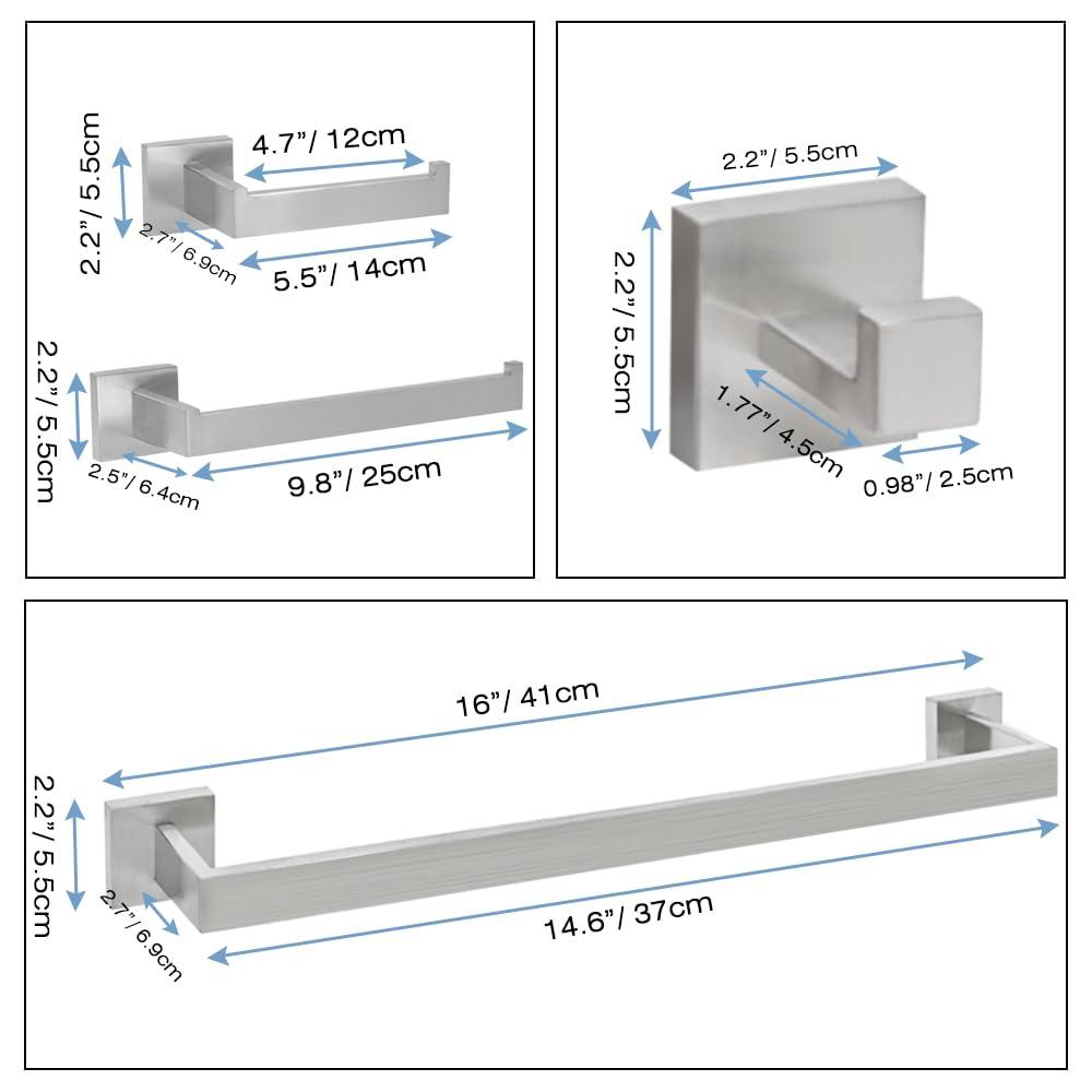 4-Piece Bathroom Hardware Accessories Set, Include 16 Inch Towel Bar, Toilet Paper Holder, Hand Towel Rack, Towel Hook, Brushed Nickel - Image 2