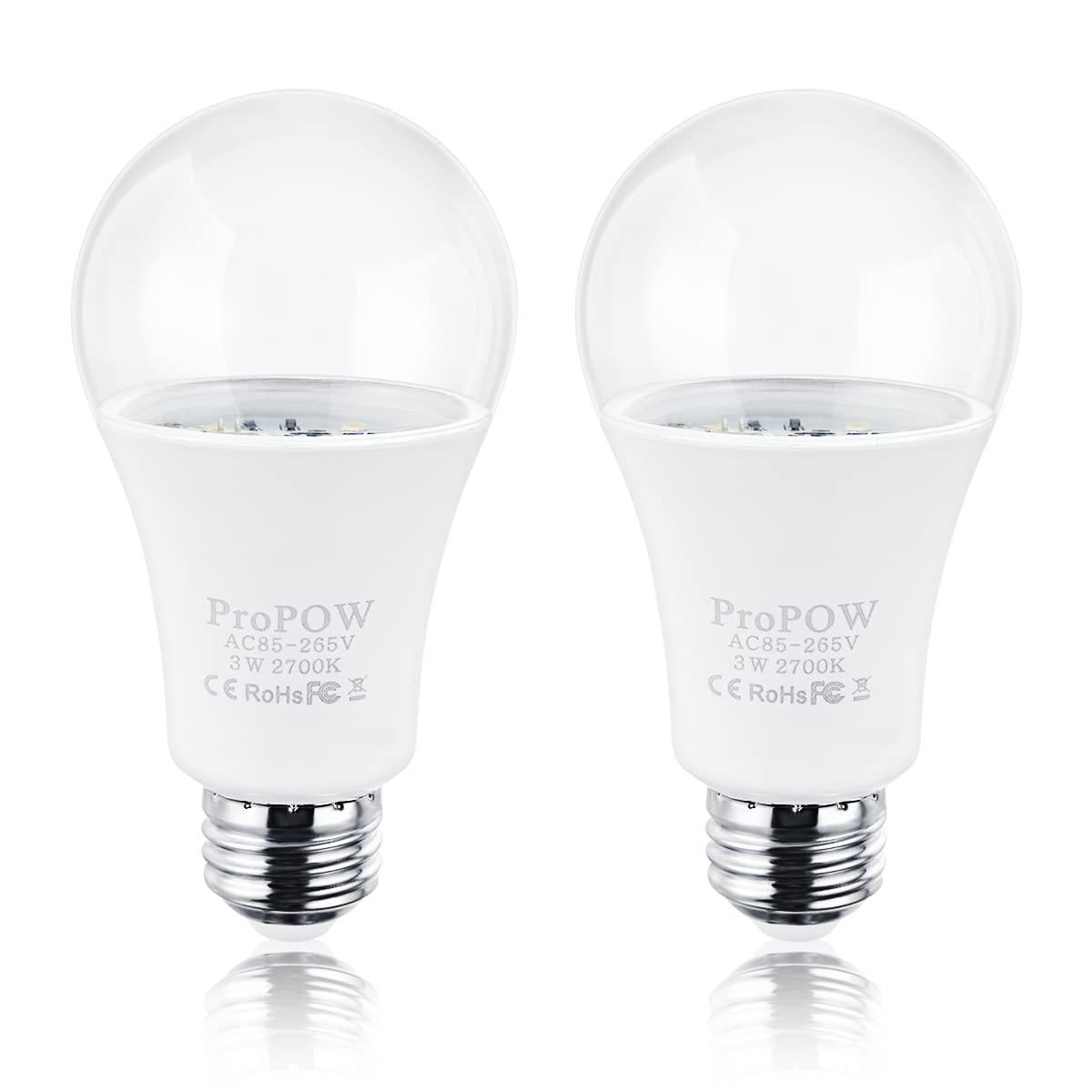 ProPOW 25 Watt Dusk to Dawn Light Bulbs, A19 3W Clear Cover E26 LED Bulbs Automatic on/Off Indoor/Outdoor Lighting for Porch,Garage,Driveway,Yard,Hallway,Patio(300 Lumen,Soft White,2-Pack)