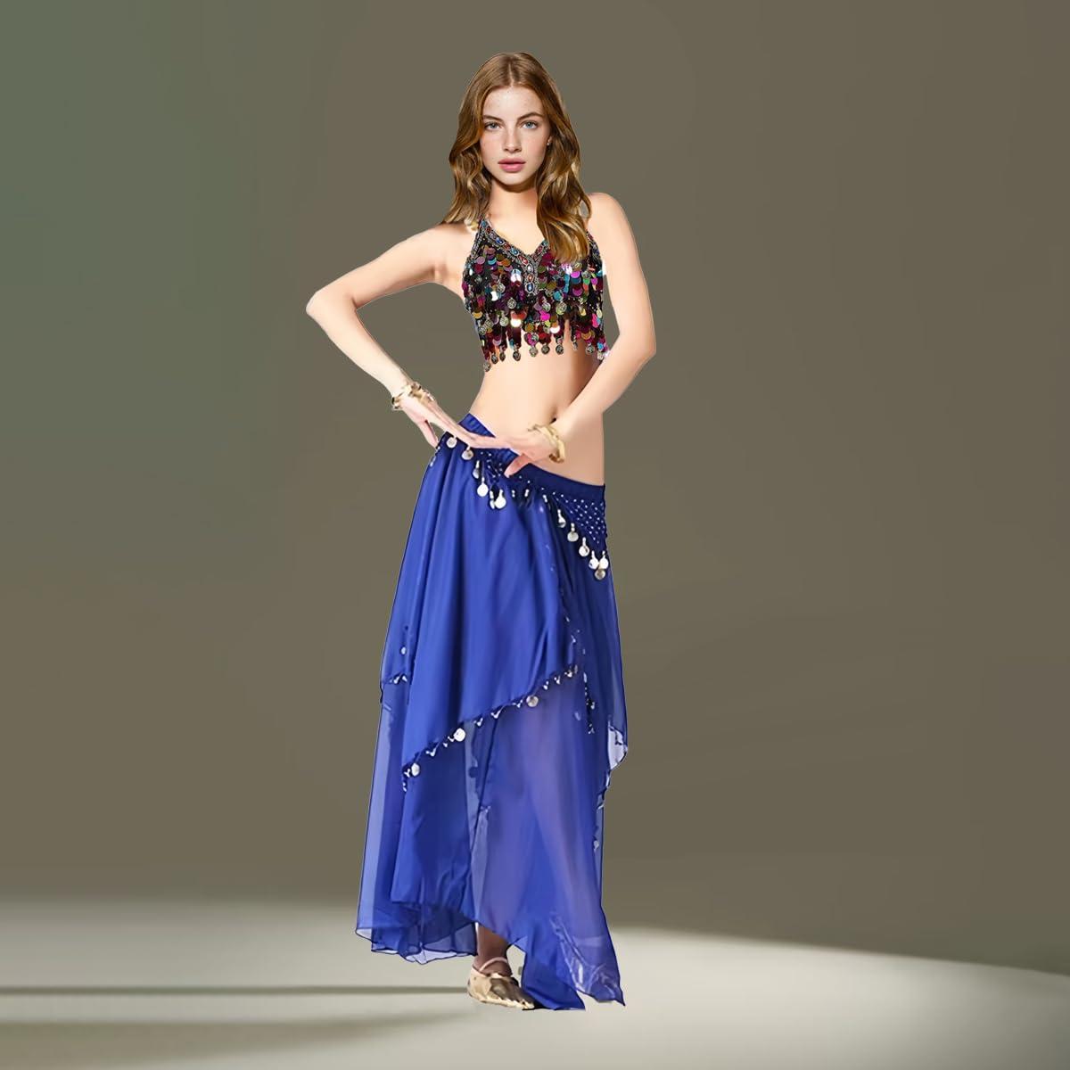 Tefrica Women's Chiffon Belly Dance Costume Skirts Indian Dance Skirt with Coins - Image 6