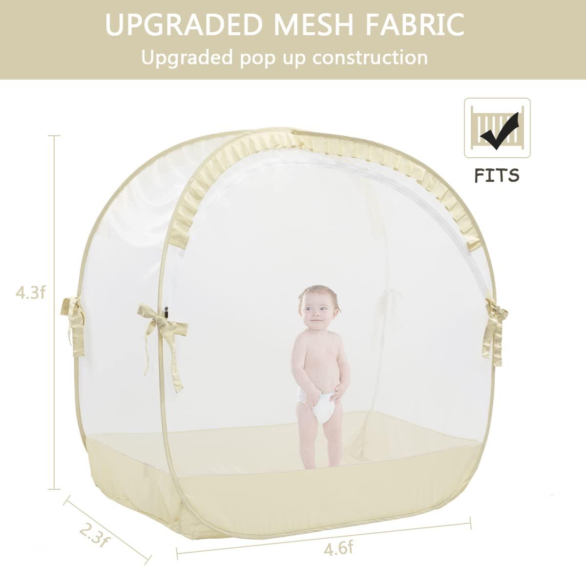 L RUNNZER Baby Safety Crib Tent, Pop Up Canopy for Crib to Stop Baby from Climbing Out, Infant Mesh Cover Mosquito Net with Sturdy Frame & Soft Mesh, Beige, (R07-beige) - Image 3