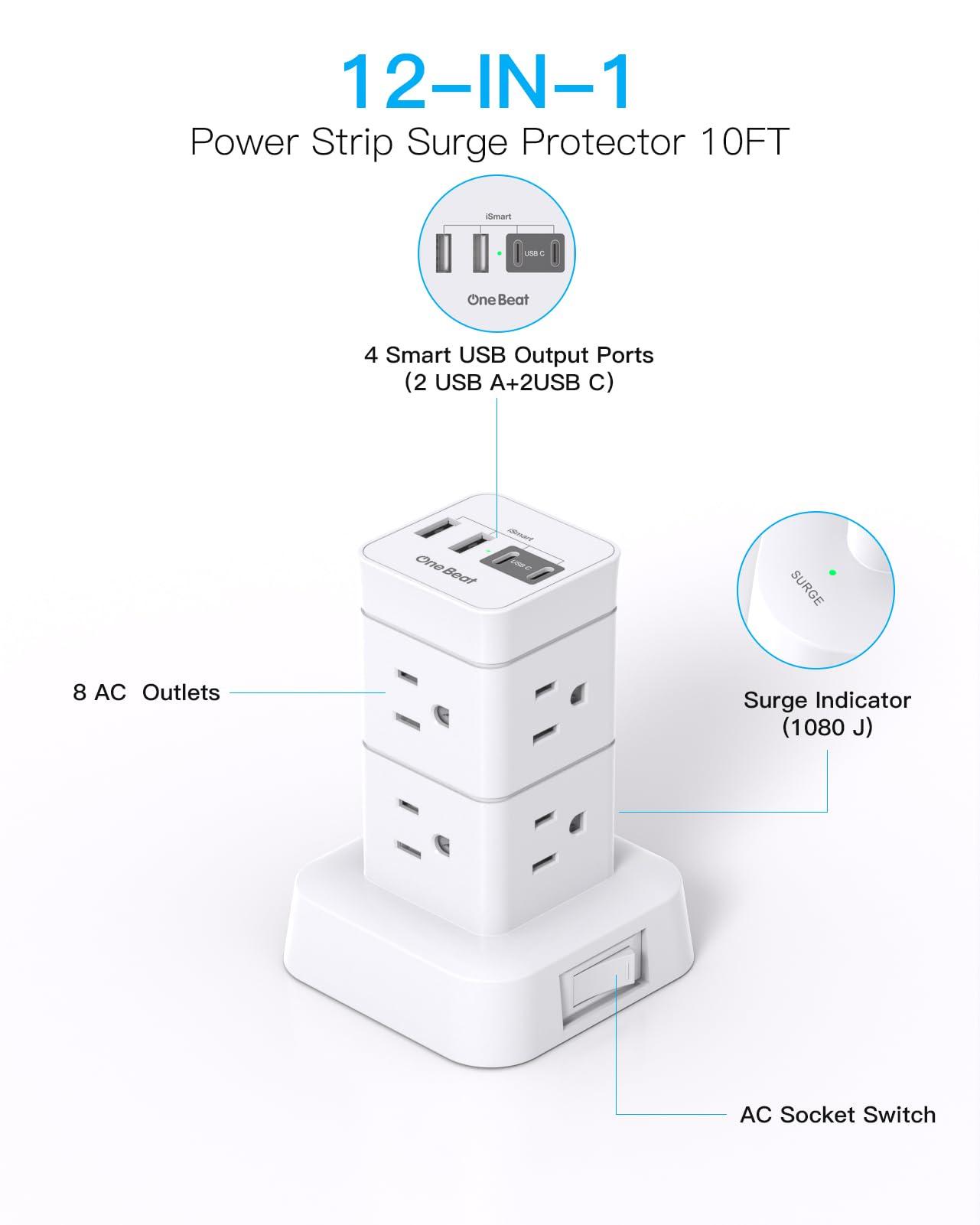 One Beat Tower Surge Protector Power Strip 10 ft,Long Flat Extension Cord with Multiple Outlets,8 AC Outlets with 4 USB Ports,Desktop Charging Station for Multiple Devices,for Home Office College Dorm - Image 4