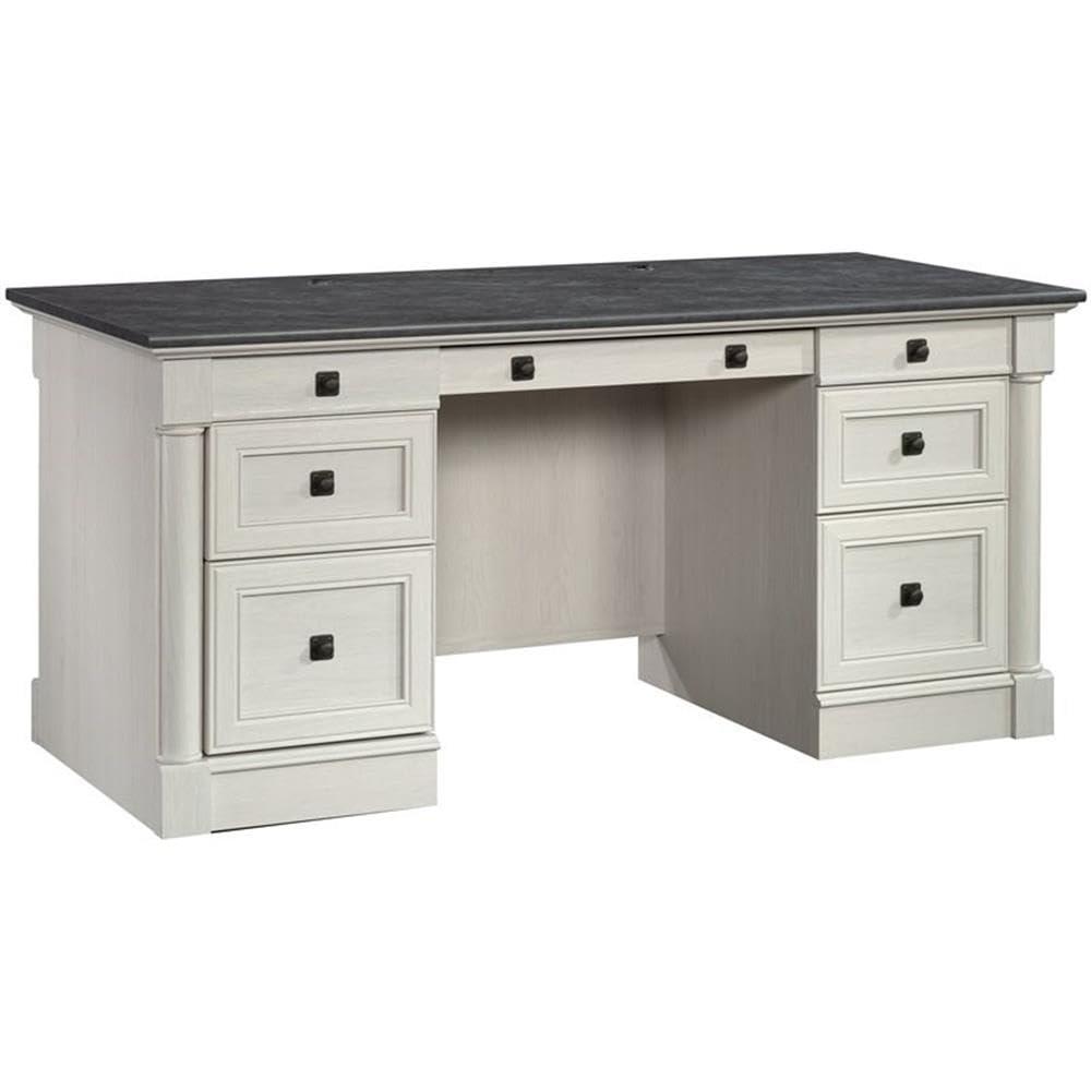 Sauder Palladia Office Desk with Drawers, Executive Desk with File Cabinet Storage, Cable Management, Keyboard Tray, in Glacier Oak Finish