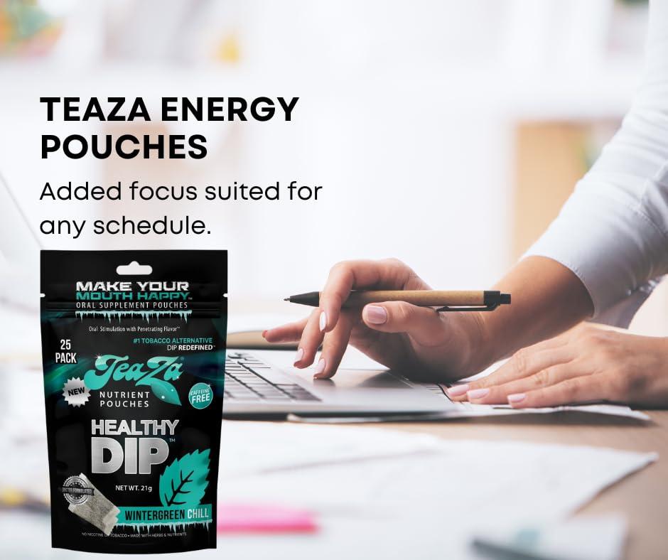 TeaZa Herbal Energy Pouches Tobacco Free Dip Nicotine Free, Smokeless Alternative Snuff Healthy Chewing Dipping Alternative, Wintergreen Chill (1 Pack) No Caffeine Refreshing Cool Flavor - Image 5
