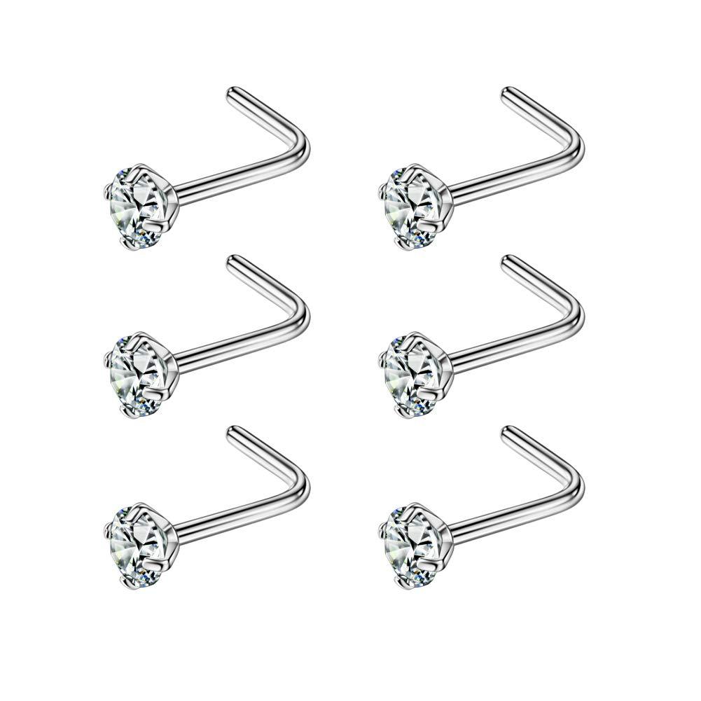FANSING Nose Studs for Women Men L Shaped Nose Rings Surgical Steel Nostril Piercing Jewelry with Cubic Zirconia End