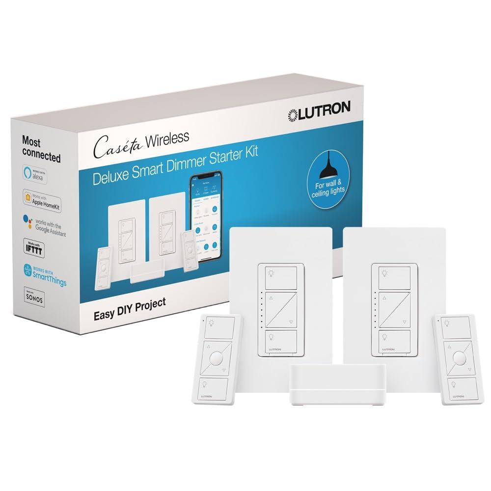Lutron Caseta Original Smart Dimmer Switch Kit, 2 Dimmer Switches, 2 Wall Plates, 2 Pico Remotes, and Smart Hub, Works with Alexa, Apple Home, Google Home, 3 Way, 150W, No Neutral, P-BDG-PKG2W-A - Image 1
