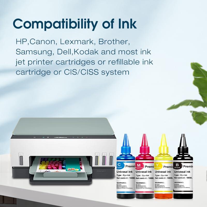 Universal Ink Refills Kit Dye Ink Refill Kit Compatible for HP Canon Epn Brother Samsung Dell Kodak Inkjet Printers Compatible Cartridges Refillable Cartridge CISS CIS System 4 Color Set - Image 2