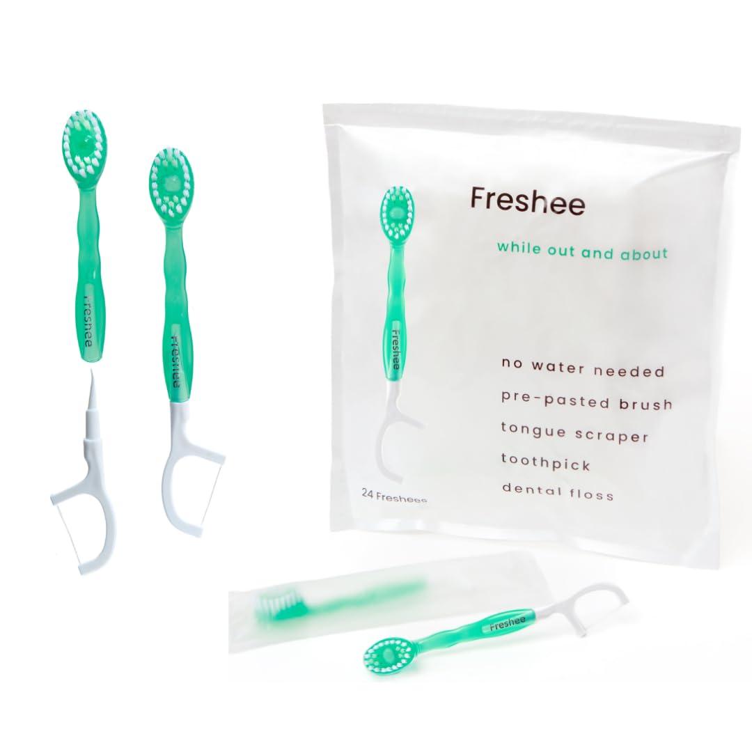 Freshee® 5 in 1 Disposable Mini Toothbrush with Toothpaste + Floss + Pick + Tongue Scraper | Travel Size | Individually Wrapped | Soft | Mint | Travel Set | Oral Care