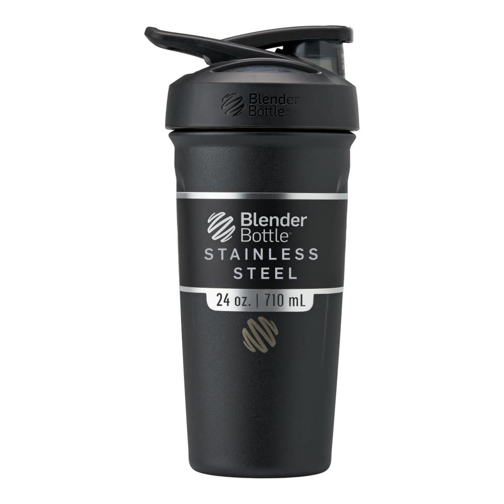 BlenderBottle Strada Shaker Cup Insulated Stainless Steel Water Bottle with Wire Whisk, 24-Ounce, Black - Image 1