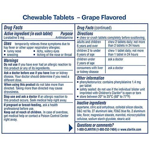 Claritin Children's Chewable 5mg. Non-Drowsy 24 Hour, 72 Tablets - Image 2