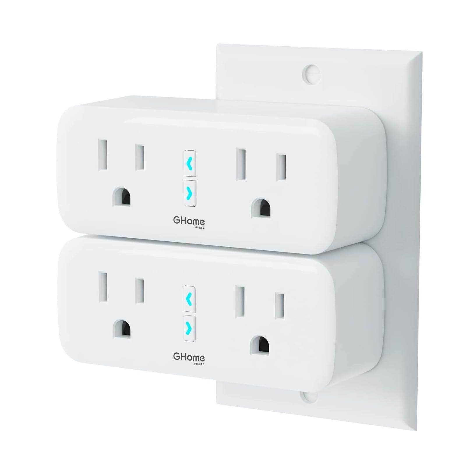 GHome Smart Plug Outlet Extender 15A, WiFi Smart Plugs Compatible with Alexa and Google Home, Smart Surge Protector Outlet with Remote Control and Timer, Dual Sockets, No Hub Required, White, 2 Pack