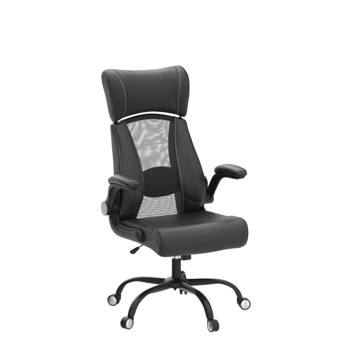 Ergonomic Office Chair, Home Desk Mesh Chair, High Back Leather Computer Chairs, Executive Chairs with Flip-Up Arm & Lumbar Support, Height Adjustable Rolling Swivel Chair (Black) - Image 4