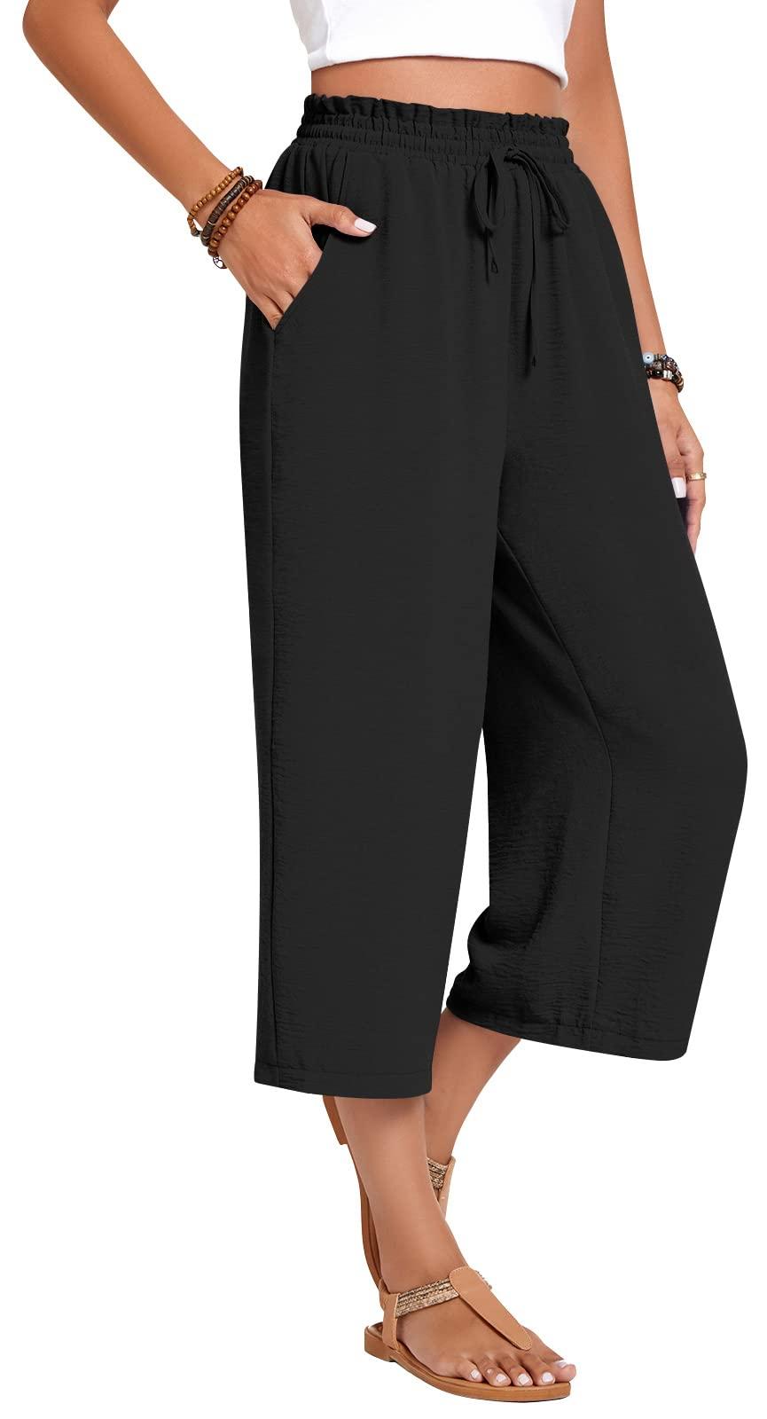 Anyhold Womens Capri Pants Loose High Waisted Wide Leg Lounge Pants Drawstring Casual Palazzo Trousers with Pockets - Image 3