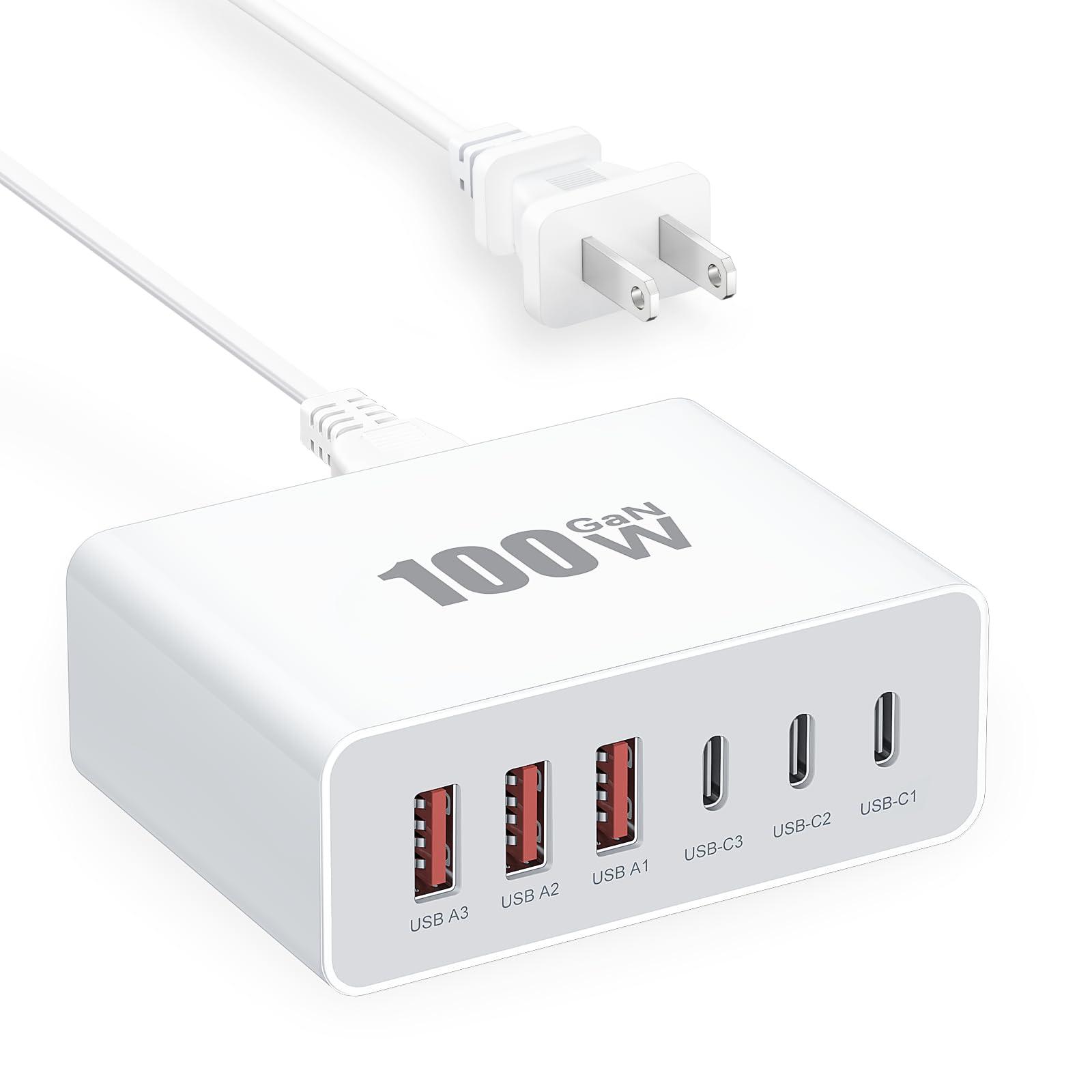 USB C Charger Block, 100W GaN Fast Charging Blocks USBC Charger 6 Port Charging Station Hub Brick Cube, USB-C Wall Charger Type C Adapter Plug for iPhone 16 15 14 13 12 11 Pro Max, Samsung, 5FT Cord