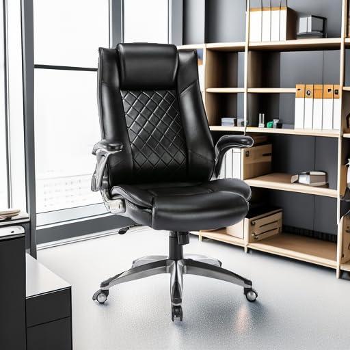 Executive Office Chair-Ergonomic Computer Desk Chair, High Back Leather Chair with Padded Flip-up Arms, Swivel Home Office Chair Upgraded Caster-Black - Image 5