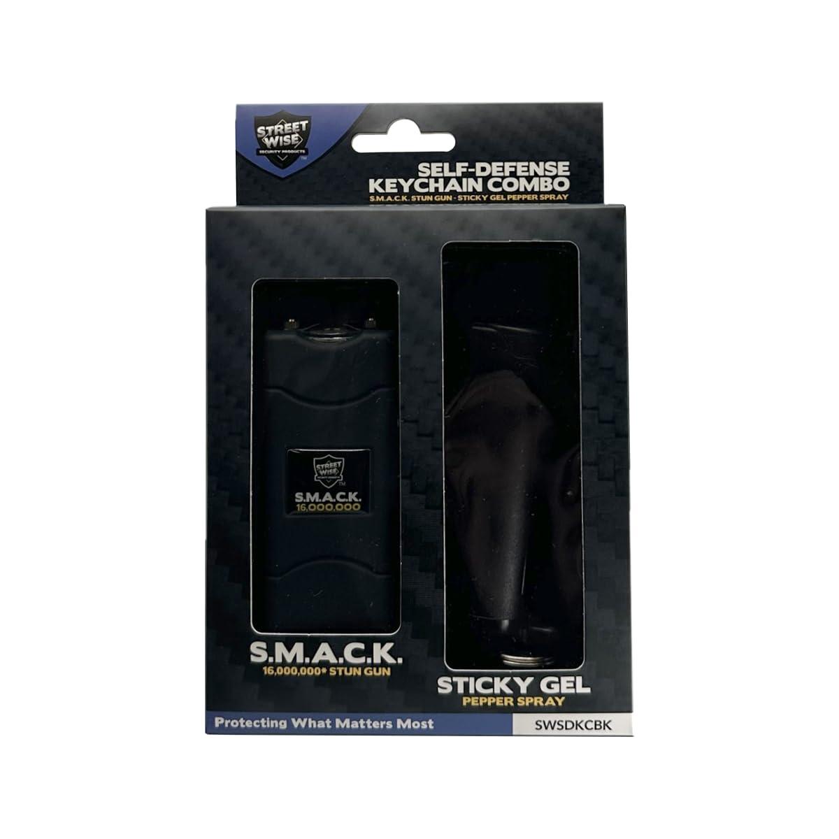 Streetwise Self-Defense Key Chain Combo - Smack Stun Gun & Sticky Pepper Gel, Mini USB Charged with LED Flashlight, Safety Switch, Women's Protection Kit