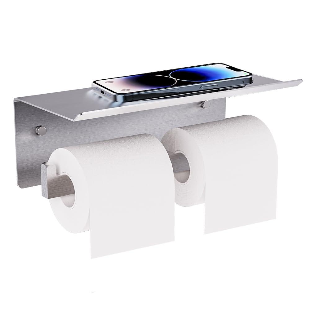 Double Toilet Paper Holder with Shelf, FreshGlow Large Tissue Holder Brushed Nickel, Wall Mount Commercial Toilet Paper Dispenser Phone Shelf Stainless Steel, Tissue Roll for Bathroom