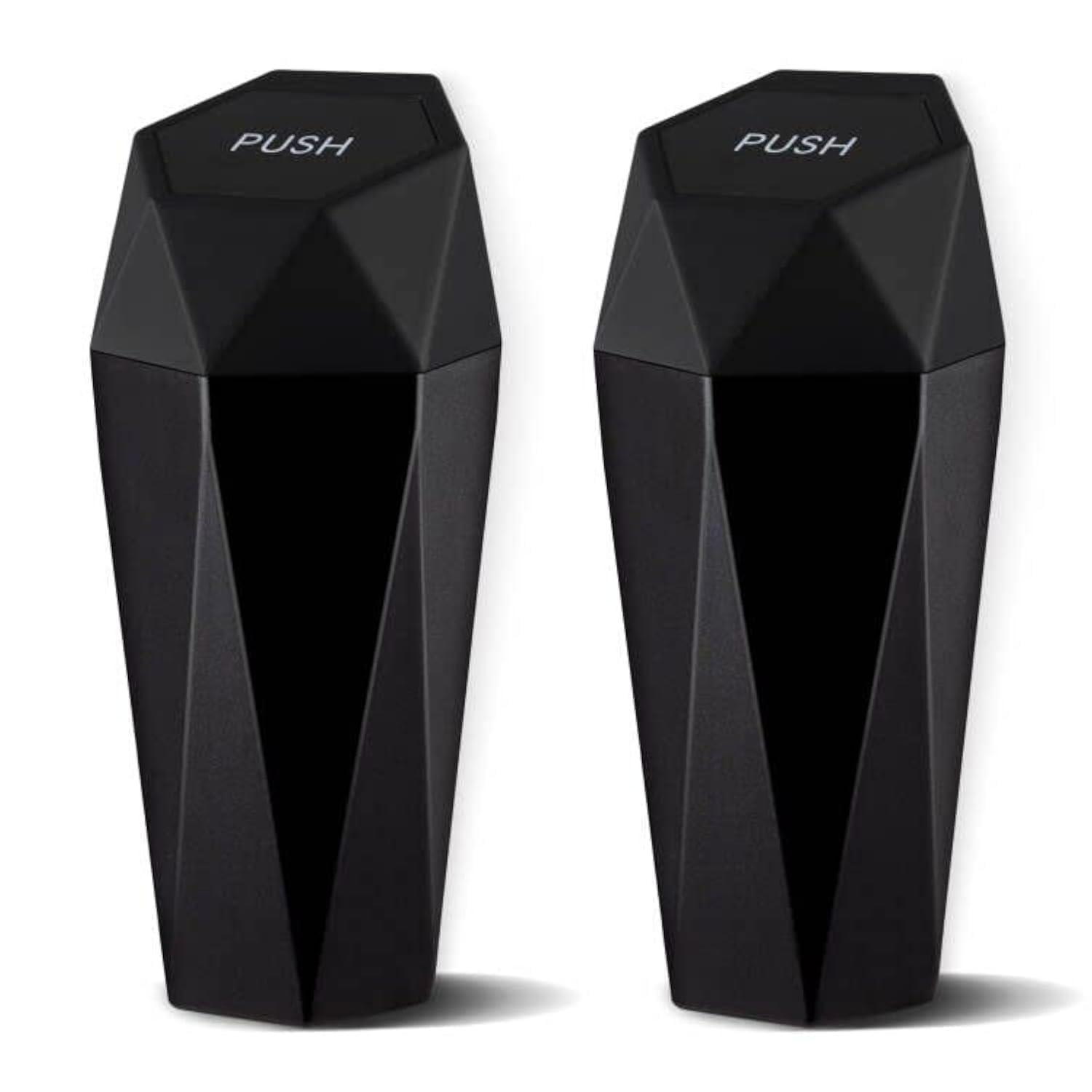 JUSTTOP Car Trash Can with Lid, Diamond Design Small Automatic Portable Trash Can, Easy to Clean, Used in Car Home Office Interior Accessories, 2PCS (Black)