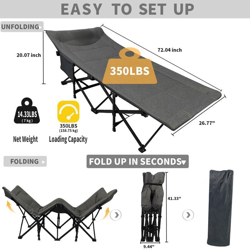 Northroad Camping Cot for Adults with Cushion and Pillow, Portable Folding Bed for Sleeping, Lightweight Tent cot with Carry Bag Supports 450 lbs (Grey) - Image 2