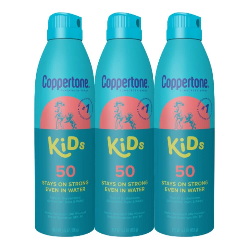 Coppertone Kids Sunscreen Spray SPF 50, Water Resistant Spray on Sunscreen for Kids, Pediatrician Recommended, 5.5 Oz Can, Pack of 3