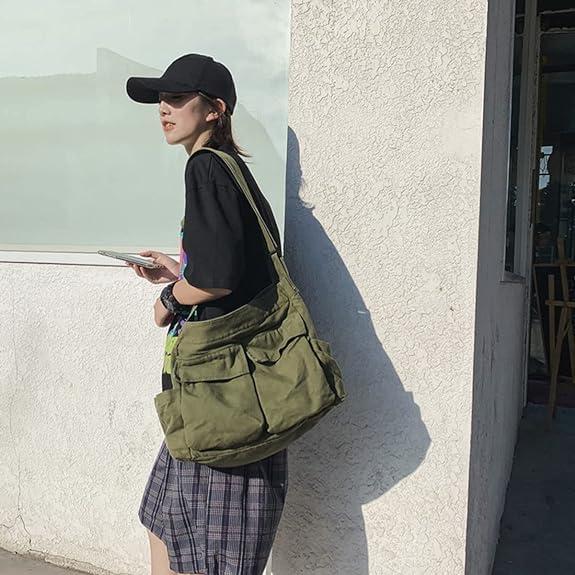 Vintage Canvas Crossbody Messenger Bag with Multiple Pockets and Hook-and-loop Closure, Ideal for School - Image 5