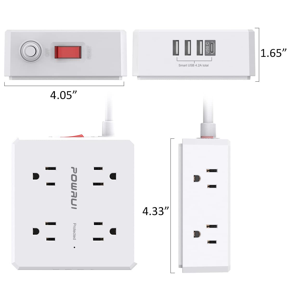Surge Protector Power Strip - 6 Ft Flat Plug Extension Cord with 8 Widely Outlets and 4 USB Ports(1 USB C), 3 Side Outlet Extender for Home Office, White, ETL Listed - Image 7