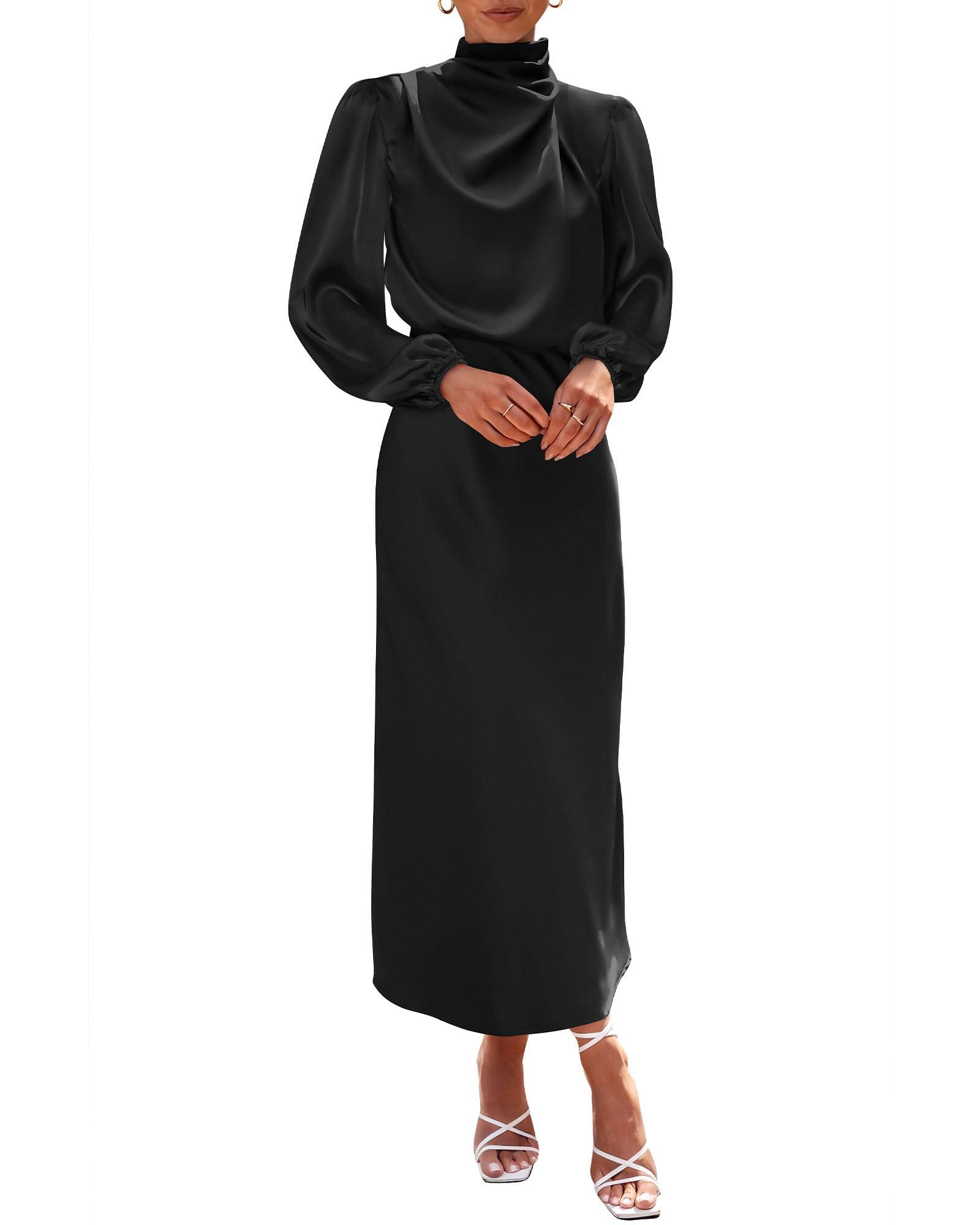 BTFBM Womens Mock Neck Satin Dress 2025 Summer Spring Long Sleeve High Waist Wedding Party Maxi Formal Cocktail Dresses