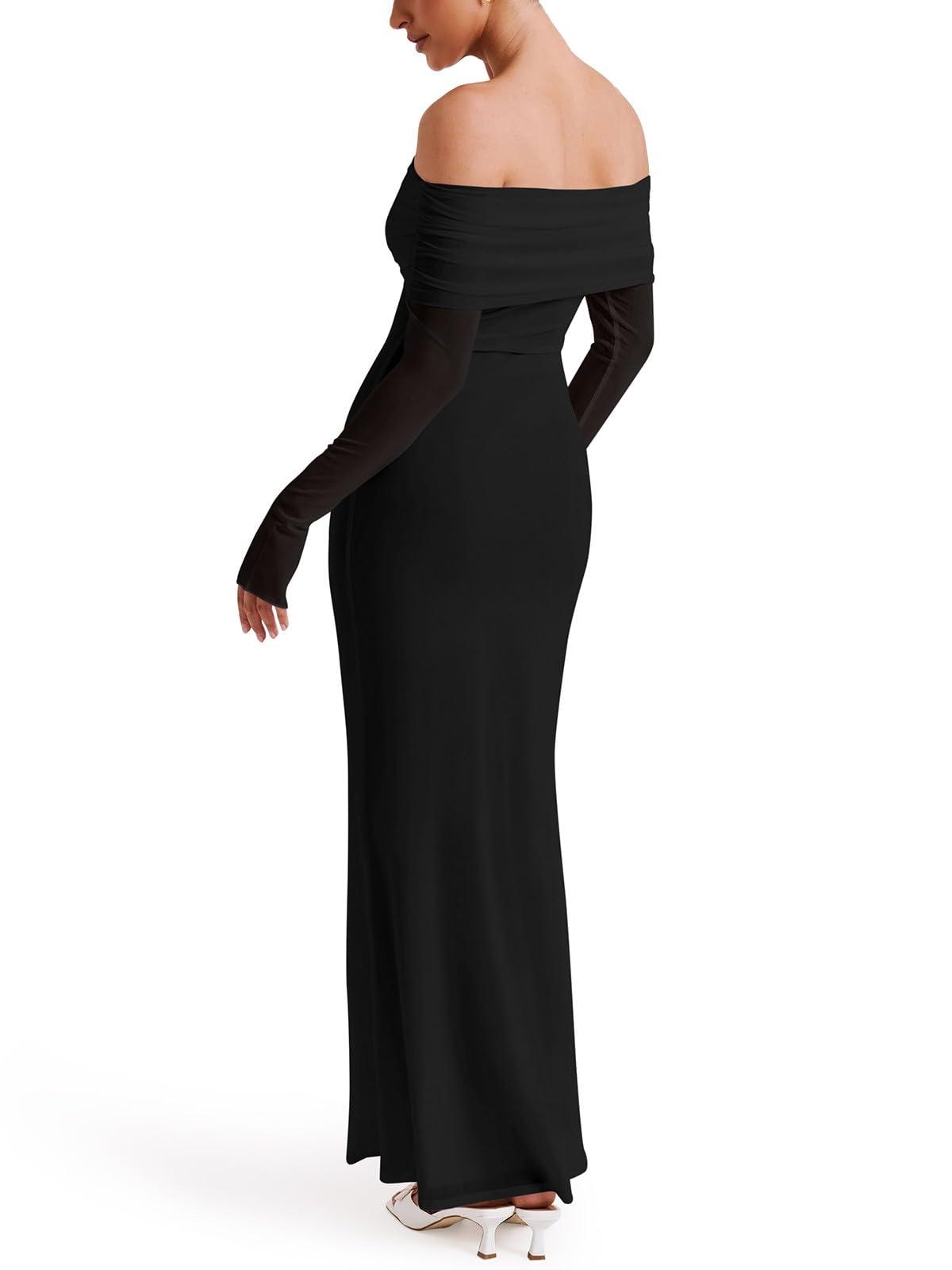 REORIA Women Off Shoulder Long Sleeve Dress Elegant Sexy Stretch Mesh Double Lined Slim Trendy Long Dresses - Image 3
