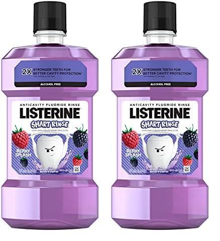 Listerine Smart Rinse Kids Alcohol-Free Anticavity Fluoride Mouthwash for Cavity Protection, Berry Splash Flavor, 500 mL (Pack of 2), Purple