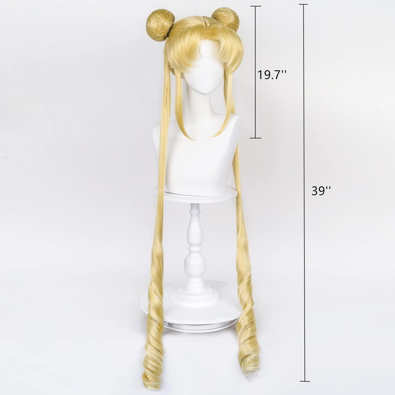 LABEAUTÉ Long Curly Blonde Ponytails Wig with Buns for Women Girls Cosplay Costume Anime Blonde Pigtails Wig with Bangs + Cap - Image 4
