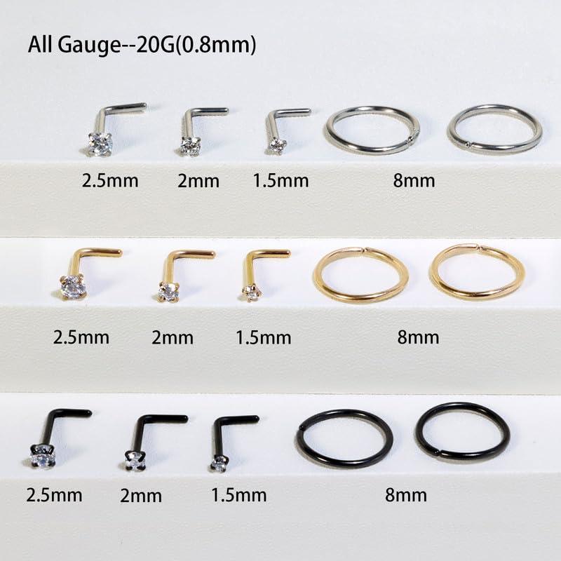Titanium Nose Rings Hoops Studs 20G 15PCS L Shaped Screw Bone 1.5mm 2mm 2.5mm Cubic Zirconia Small Silver Black Gold Hypoallergenic Piercing Jewelry for Women Men - Image 2