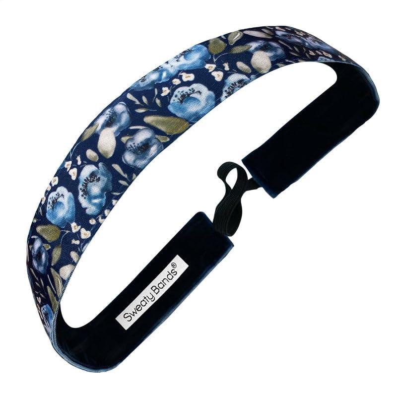 Sweaty Bands Womens Girls Headband for an Active Fitness Lifestyle - Sweat-Wicking Non-Slip Velvet-Lined Stylish Floral Fitness Hairband - No Rain No Flowers Blue 1-Inch - Image 2