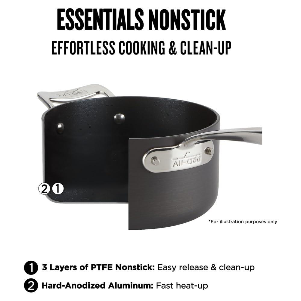 All-Clad Essentials Hard Anodized Nonstick Sauce Pan Set 4 Piece, 8, 10.25 Inch, 4 Quart Oven Broiler Safe 500F Pots and Pans, Cookware Black - Image 3