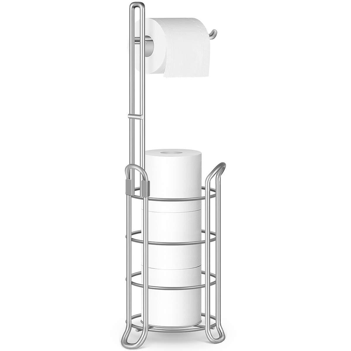 TomCare Toilet Paper Holder Toilet Paper Stand Free-Standing Toilet Tissue Paper Roll Bathroom Storage Shelf and Dispenser for 3 Spare Rolls Metal Wire Bathroom Accessories Storage Organizer