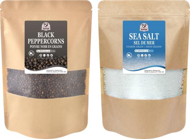 52USA Black Peppercorns 12 oz and Coarse Sea Salt 2 lbs, Salt and Pepper for Grinder Refill, Whole Peppercorns