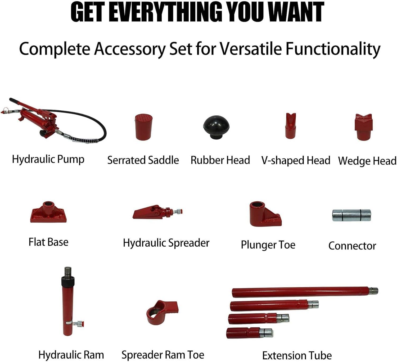 ClassyThreads 10 Ton Porta Power Kit, 20,000 lbs Capacity Portable Hydraulic Jack, 15-Pcs Hydraulic Ram Auto Body Frame Repair Kit with Storage Case, Red - Image 3