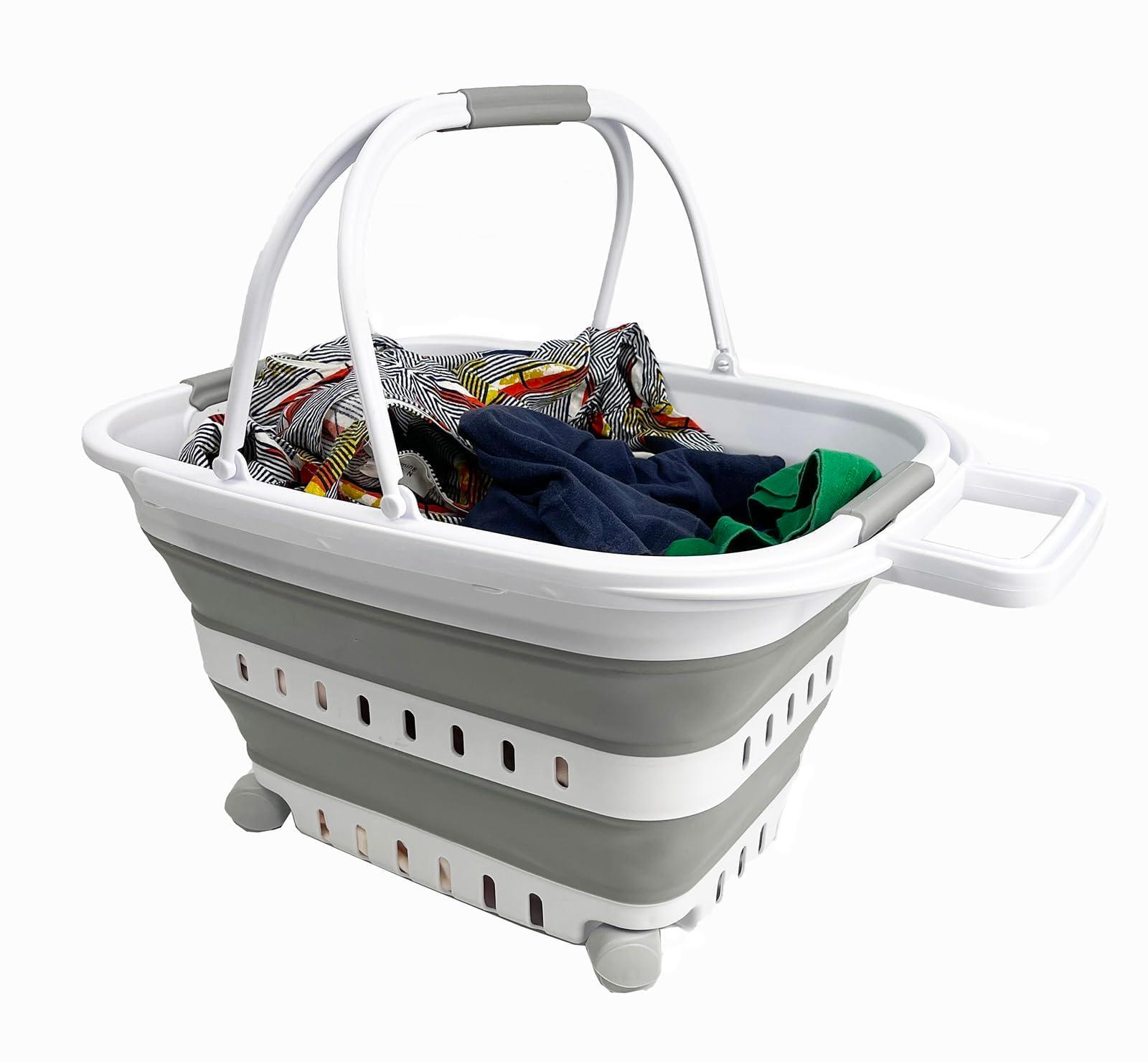 SAMMART 35L (9.24 Gallons) Collapsible Plastic Laundry Basket with Handle and Wheels - Foldable Pop Up Storage Container/Organizer with handle and wheels - Space Saving (1, White/Grey) - Image 4