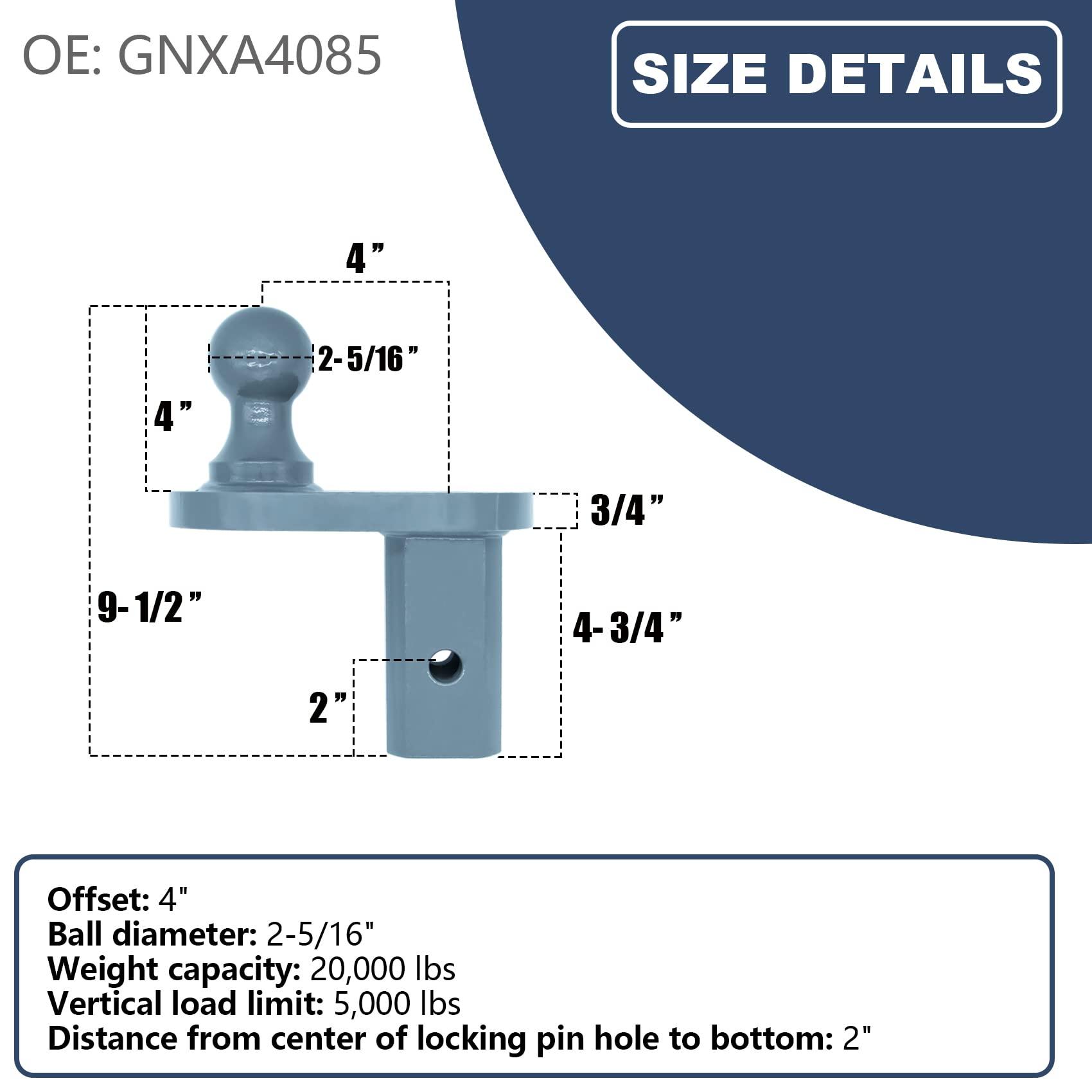 GNXA4085, 4" Offset Ball Compatible With B&W Turnoverball Gooseneck Trailer Hitches, Heavy Duty Extender | 20000 lbs GTW/ 5000 lbs VTW, 2-5/16 Inch Diameter - Image 6