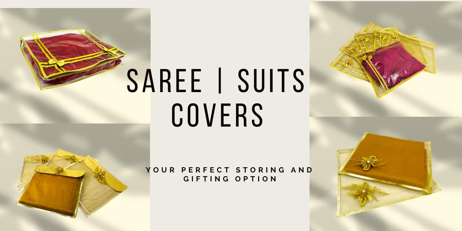 RAAHII Polyvinyl Chloride Wedding Gifting 5 Piece Single Saree/Suit Packing Sari Cover/Saree Pouch Bag With Zip Organizer For Wardrobe Storage Or Gifting,43 Cm,1 Cm,Gold - Image 7